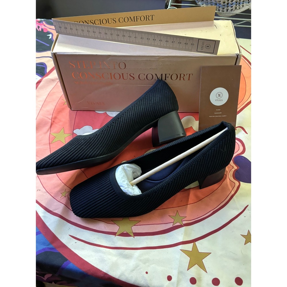Vivaia Margot Square Toe Block Heel Pumps Black Knit Sustainable Shoes EU 37 - Picture 8 of 15
